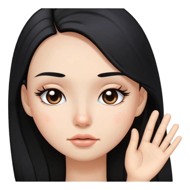 girl with long black hair, soft makeup, and a pimple on her face sticker