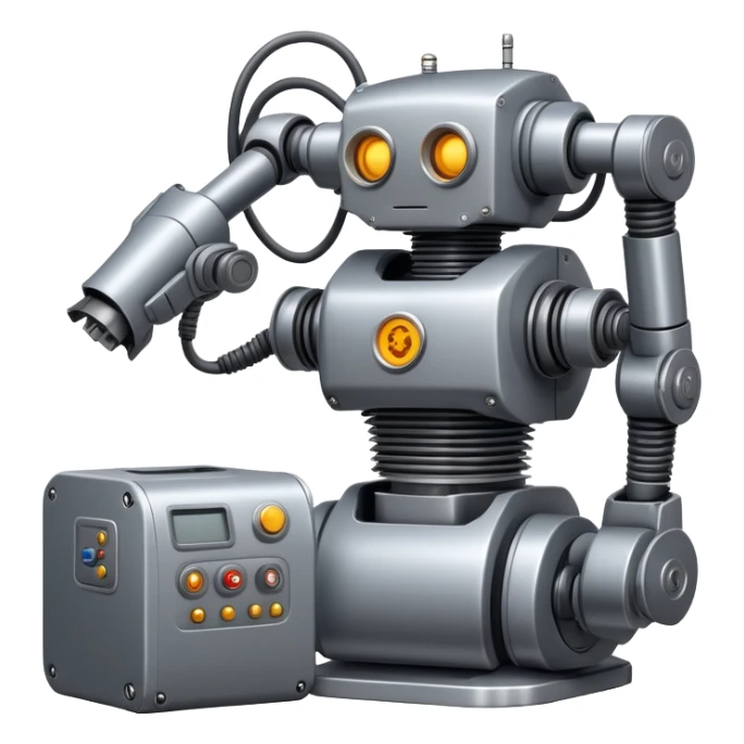 Industrial robot with exposed wiring and heavy metal plating sticker