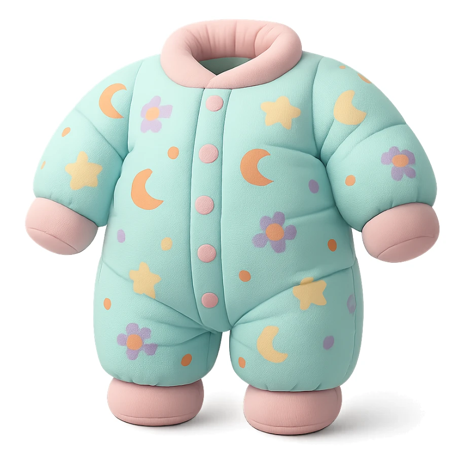 cushion style onesie pajamas with playful patterns, soft and puffy look, pastel colors sticker