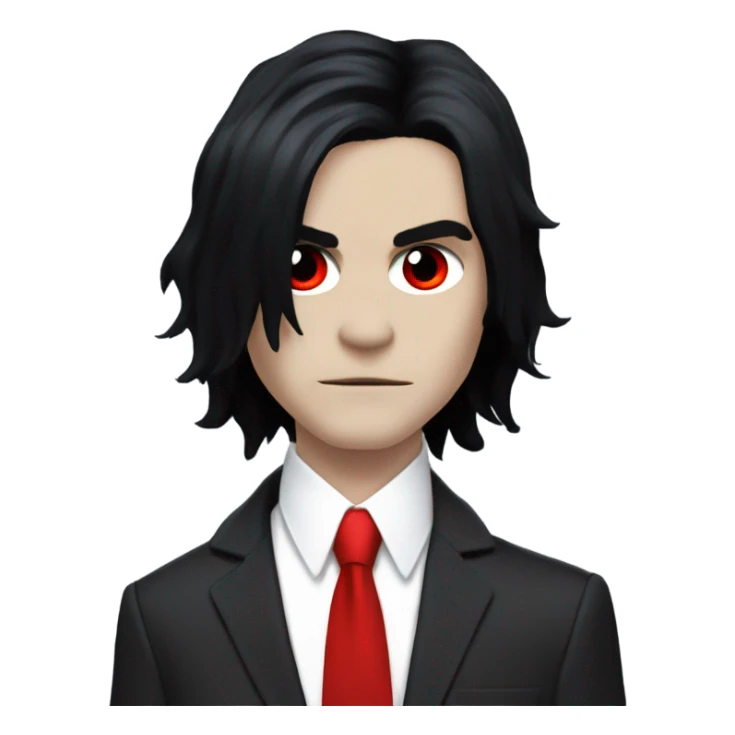 Gerard way with black hair that goes to his shoulder, red suit with a red tie, and red eye makeup, from the three cheers for sweet revenge era sticker