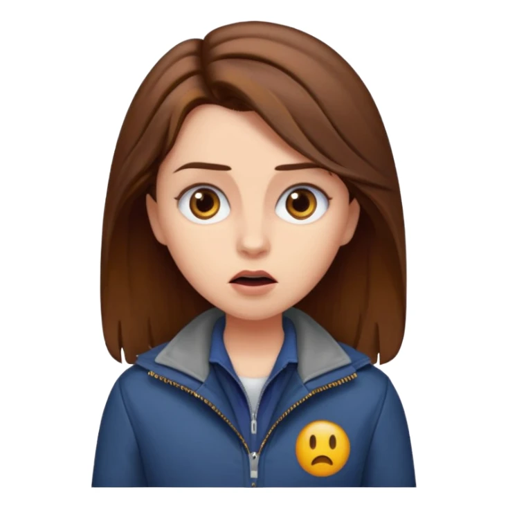 Bella from Twilight emoji, looking surprised, brown hair, wearing a jacket sticker