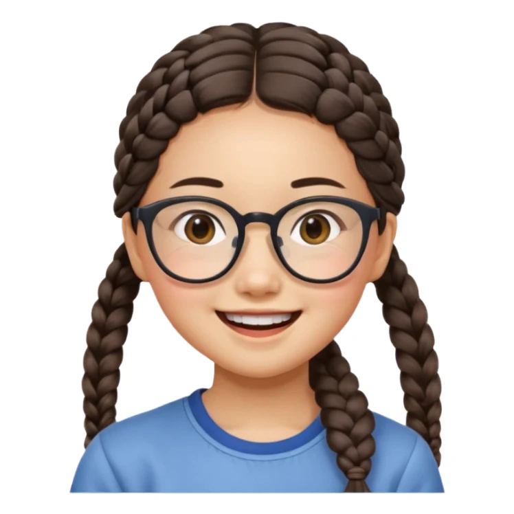 14-year-old Asian girl with a side braid, square glasses, face tilted, smiling loudly sticker