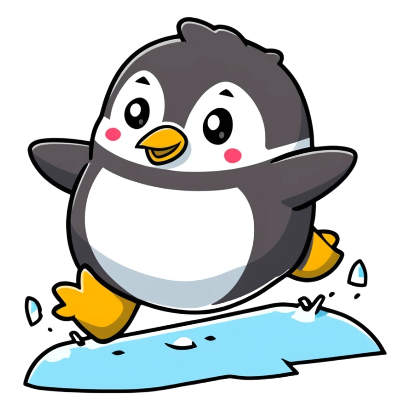 Chubby penguin slipping on ice with flippers flailing sticker