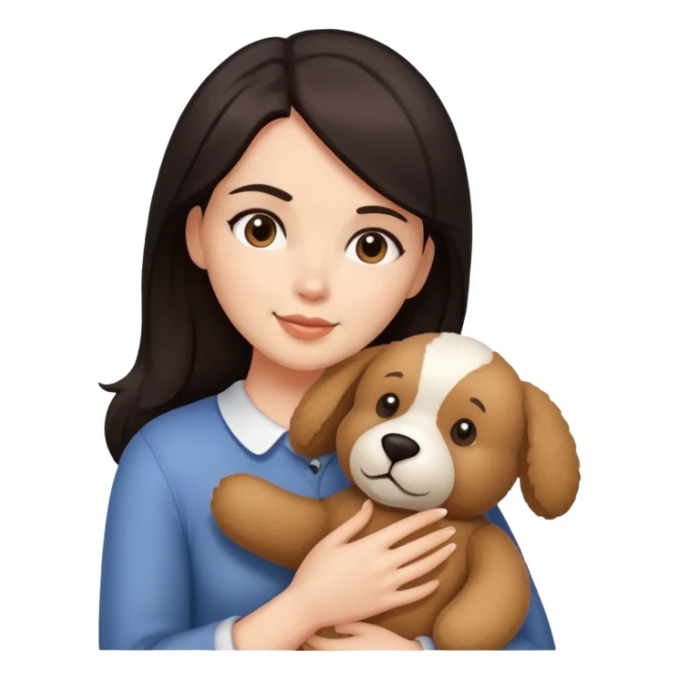 Woman with dark hair holding a teddy bear and pets sticker