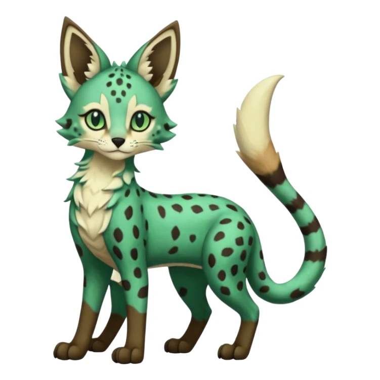 Epic complex detailed dark-emerald-green dark-brown beige pastel realistic aesthetic-scenic-Fakémon-Sprigatito-Floragato-Meowscarada-Trico-Sergal-Serval-Vernid-creature (full body) sticker