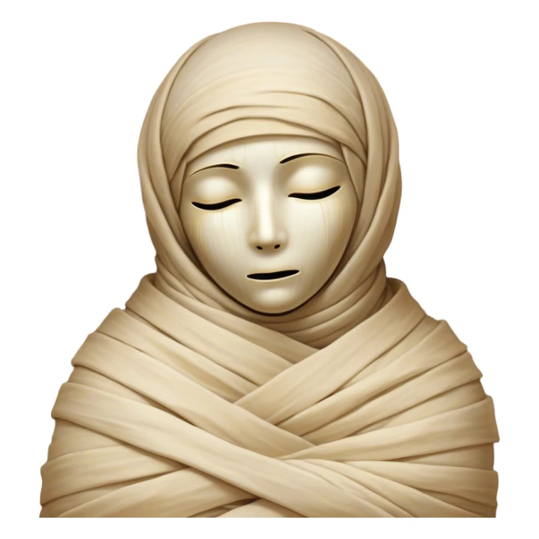 A snug, cozily wrapped mummy, fully encased in soft, slightly loose bandages, even its face gently hidden behind folds with only a tiny glimpse of sleepy eyes, nestled in warm, faded tones with gentle golden accents, simplified yet irresistibly charming, highly detailed with a soft glowing outline capturing the peaceful aura of an ancient being drifting into rest! sticker