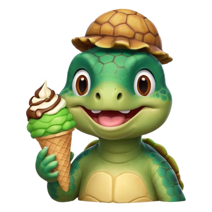 cute turtle portrait, head and shoulders only, licking an ice cream cone, funny happy expression, 3D cartoon, mobile game icon style, clean background, no text, no watermark
 sticker