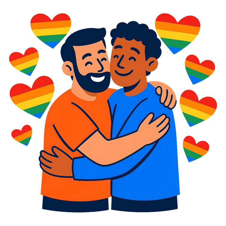 two men hugging, surrounded by rainbow hearts, cheerful, supportive, LGBTQ+ pride sticker