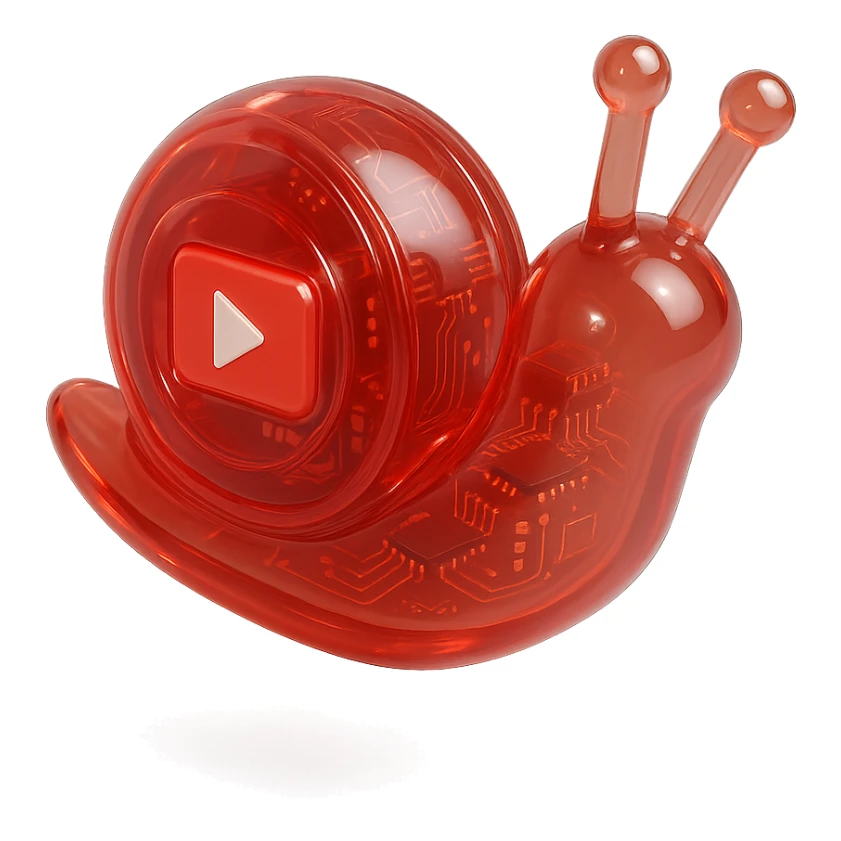 red robot snail with YouTube play button, glossy circuit style sticker