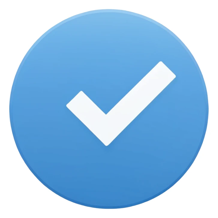 Simple icon, blue circle with a white checkmark in the center, clean white background, flat design, minimal style, clear and sharp, no text, no shadow. sticker