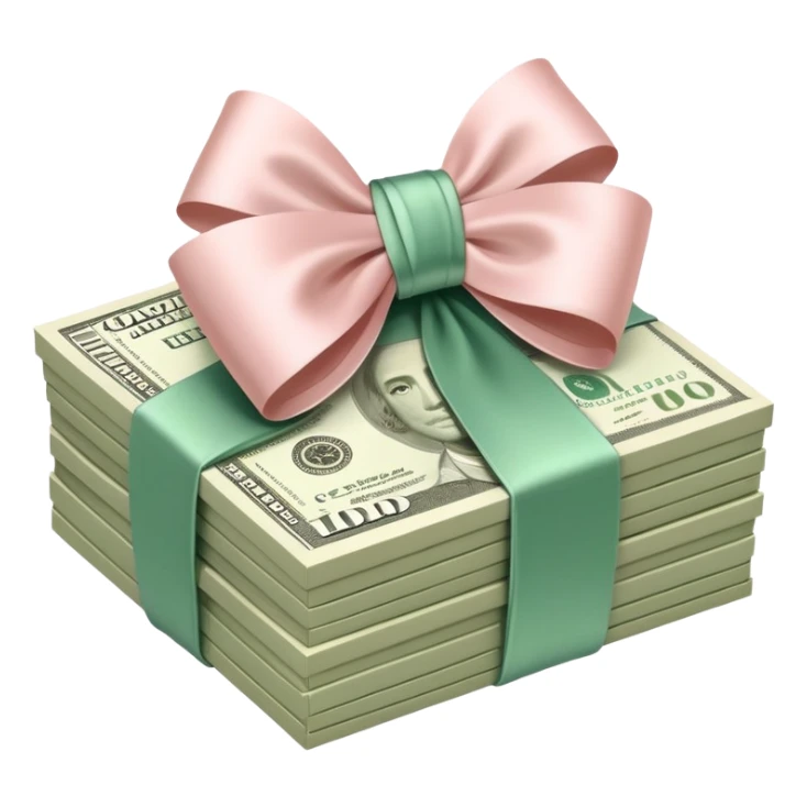 Pink aesthetic Neat money stack tied with a blush satin bow, muted green $100 bills, soft luxury rich  sticker