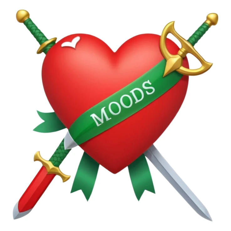 a red heart pierced by a green sword, with the text 'MODS' on a white ribbon sticker
