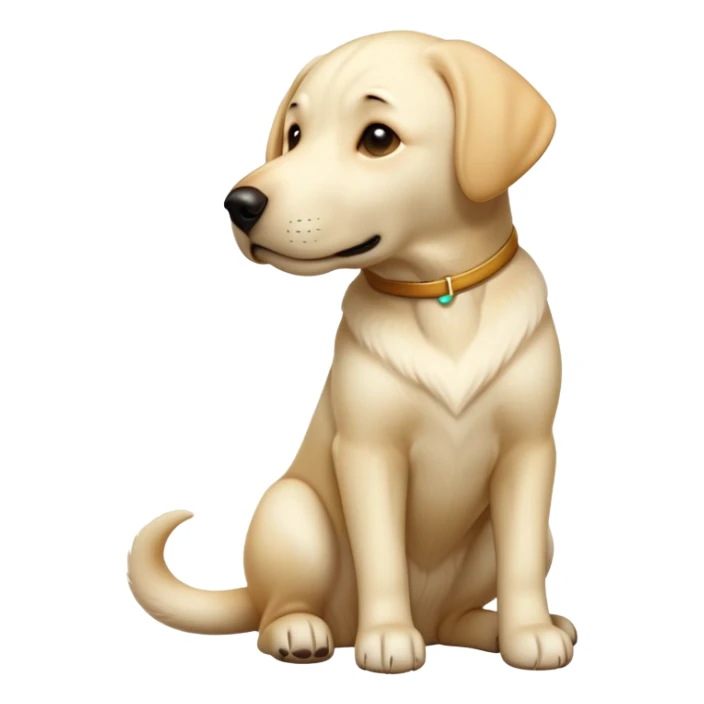 cinematic-[Labrador retriever]-realistic-full-body-sitting-emoji,-tail-resting-loosely-beside-its-paws,-head-tilted-dramatically, -sleek-[cream]-fur,-simplified-yet-realistic-focused-features,-highly-detailed,-glowing-with-an-almost-sarcastic-glow sticker