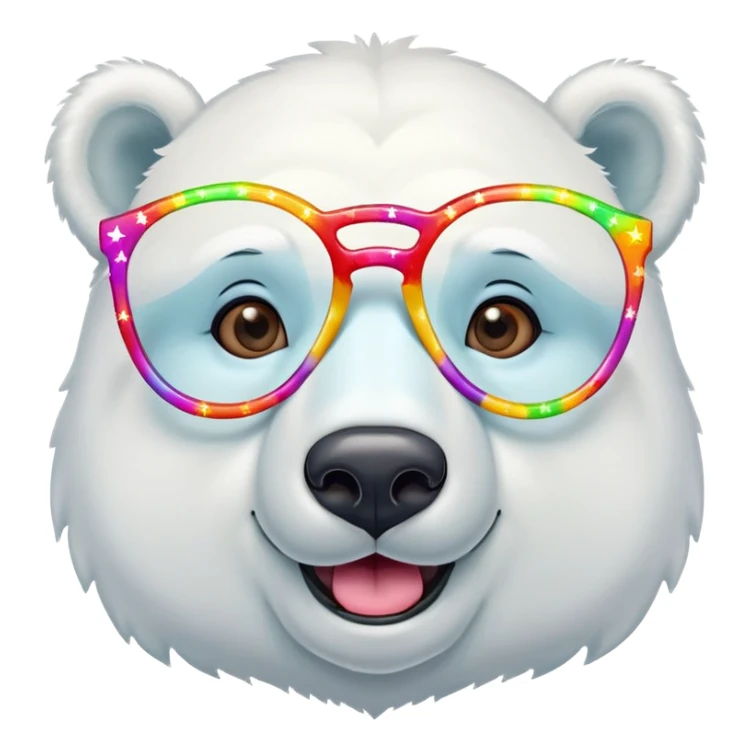 head and shoulders of a friendly anthropomorphised polar bear smiling, wearing large multicolored star-shaped glasses sticker