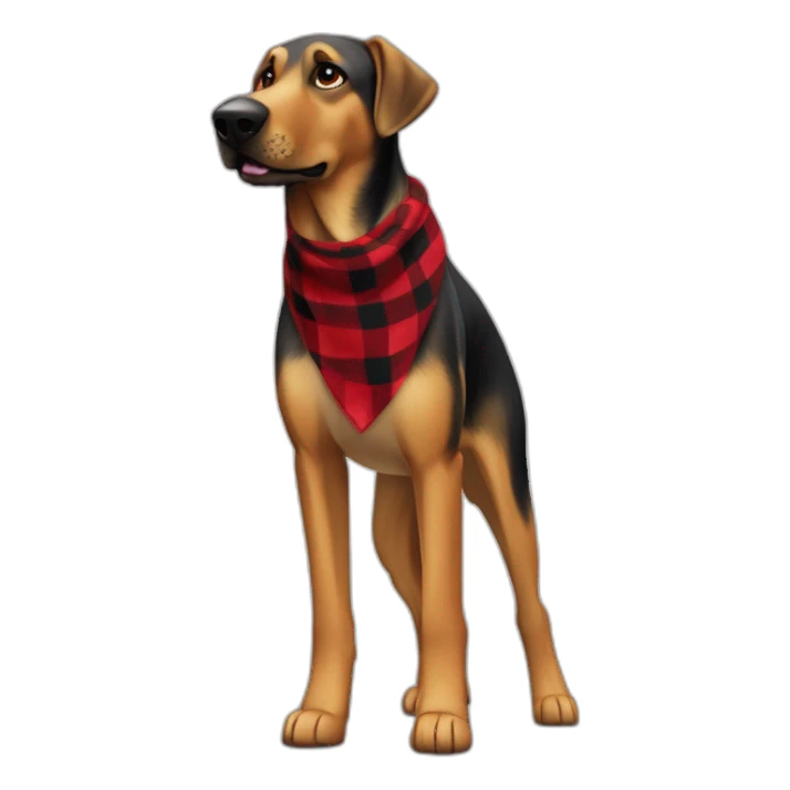 adult 75% Coonhound 25% German Shepherd mix dog with visible tail wearing small pointed red buffalo plaid bandana full body walking left quickly sticker