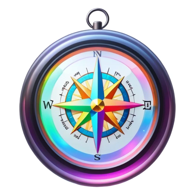 A glowing, holographic compass with vibrant neon rainbow colors inside a crystal-clear sphere sticker