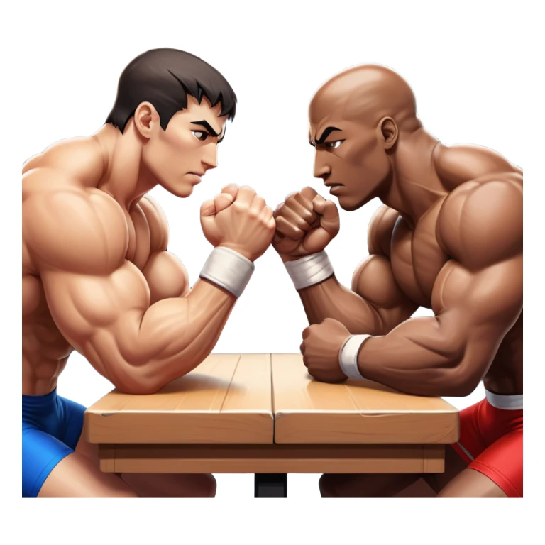 Two athletes engaged in an intense arm wrestling match, their muscles straining as they battle for dominance. The scene captures the powerful clash of strength, with close-ups on the hands locked in a firm grip, sweat glistening under bright lights. The background features a wrestling table. sticker