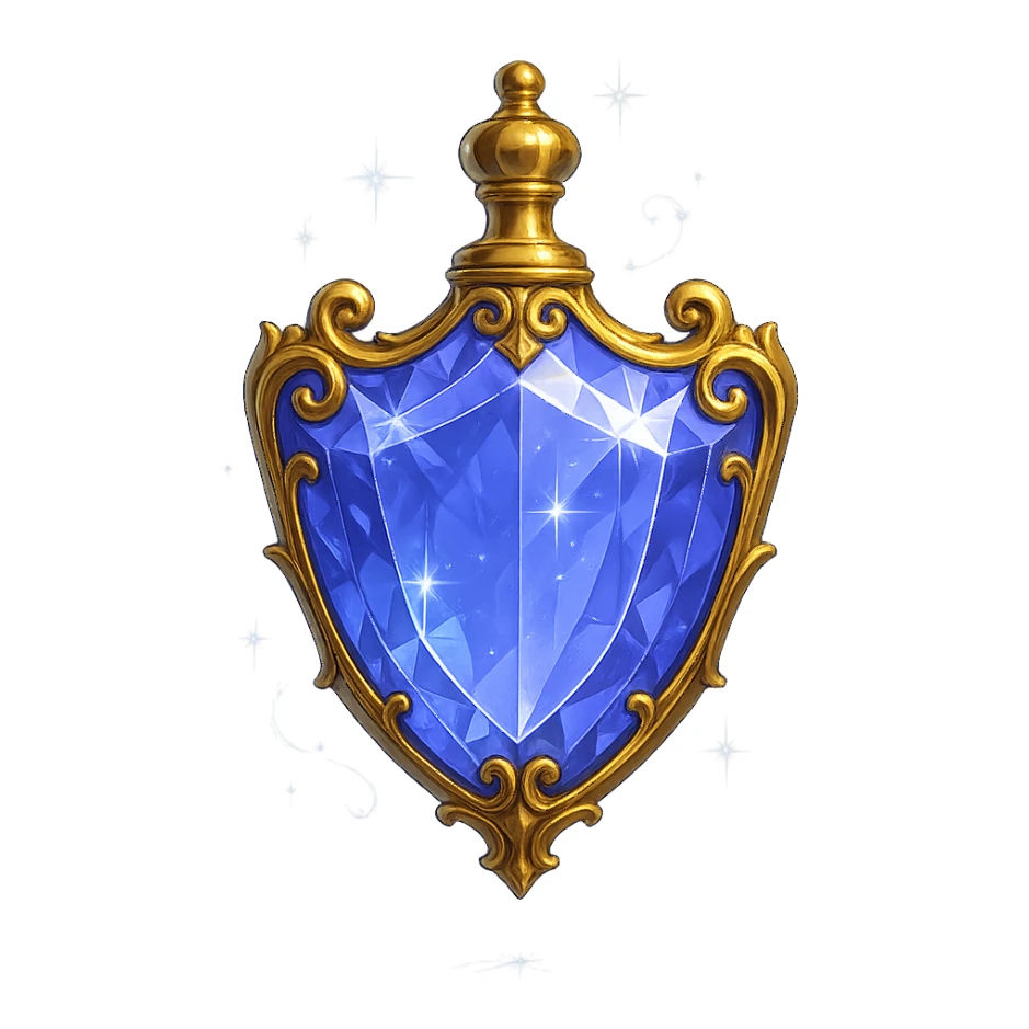 luxurious crystal elixir bottle in shield shape, color #7986cb, lots of shining, edges, ornaments, golden details, magical effects, very small golden neck, transparent background, beautiful seamless base, bottle clearly floating in air, no base or shadow, premium class impression, modern and exclusive design, matching a collection of crystal, luxurious, magical bottles sticker