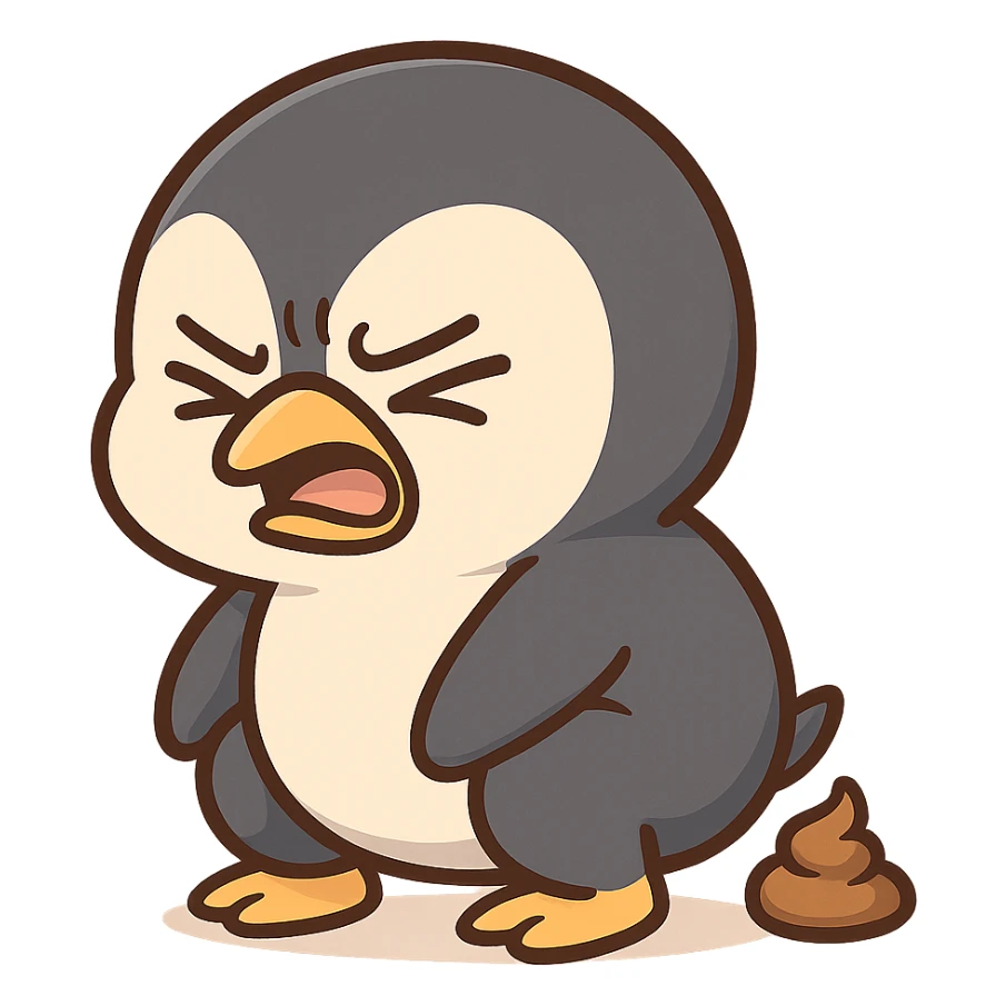 a comical and expressive penguin squatting and pooping sticker