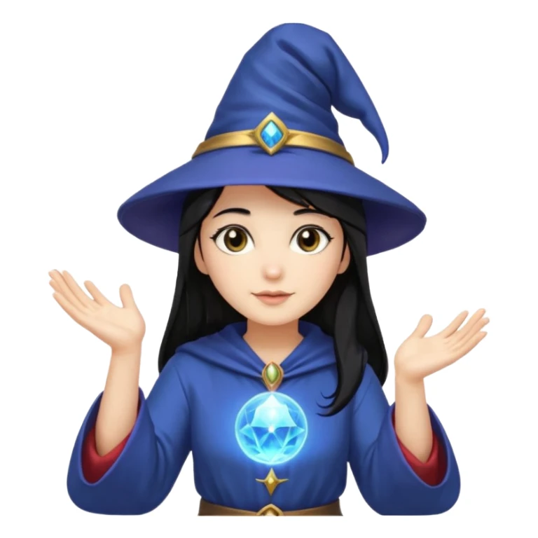 female wizard with black hair under a wizards hat with both hands palm up sticker