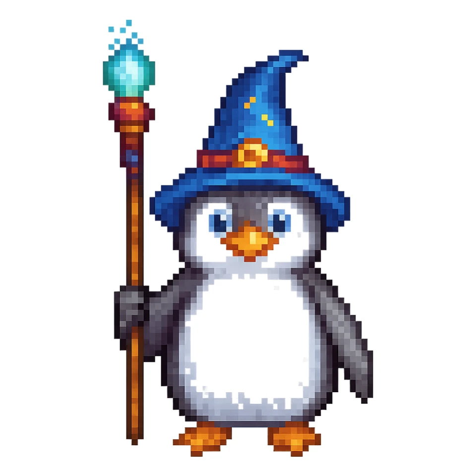 A penguin wizard holding a magic staff in pixel art style, no background sticker
