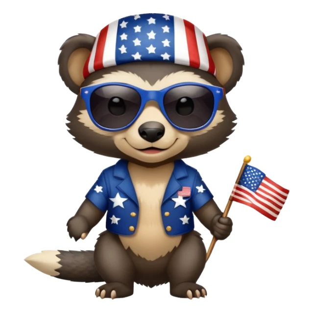 friendly anthropomorphised honey badger in patriotic USA Independence Day outfit with stars and stripes, wearing sunglasses sticker