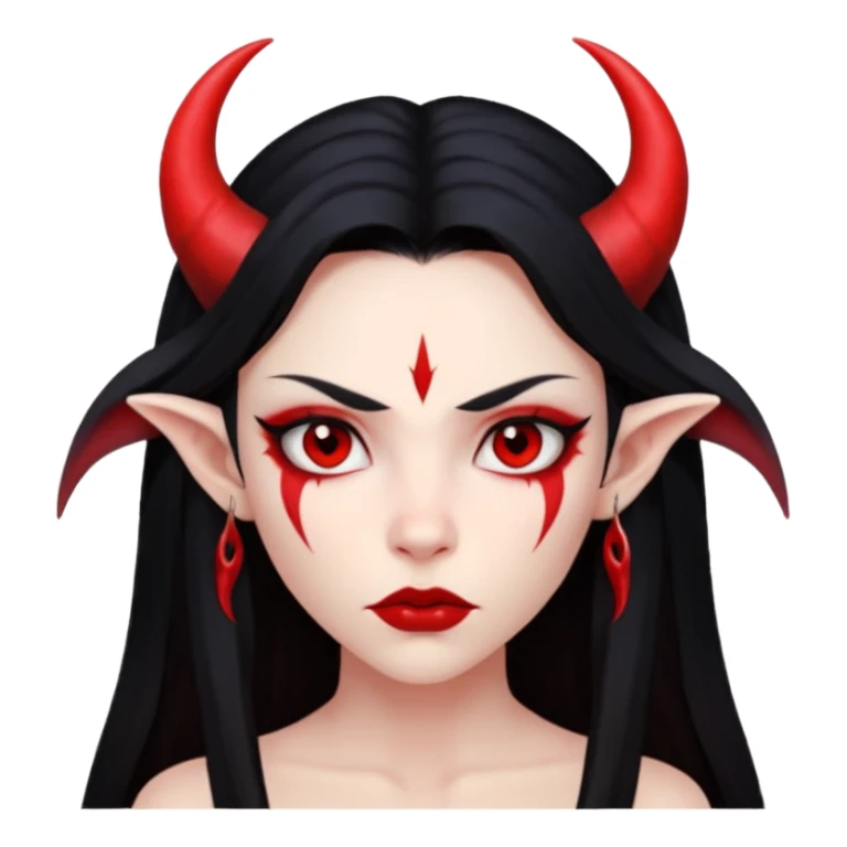 Head only: demon girl, 100% red skin, long black hair, small horns, sharp cheekbones, serious eyes, full lips, pointed ear; centered, no body, no text. sticker