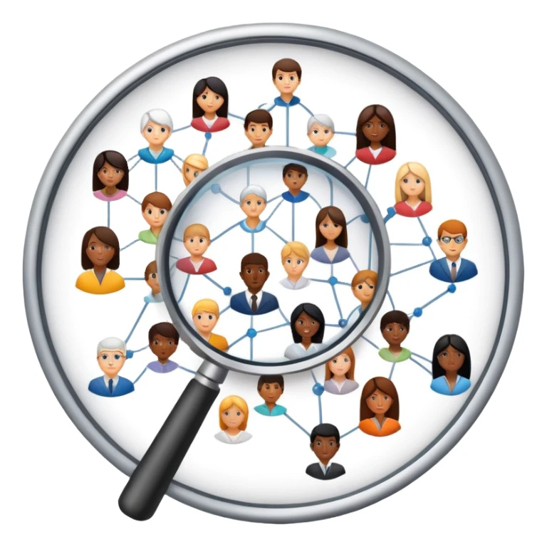 An icon featuring a network of interconnected people, a magnifying glass, and a chart, symbolizing sociology. The design includes diverse figures and social patterns, representing the study of society, behavior, and social structures. Transparent background highlights human interaction sticker