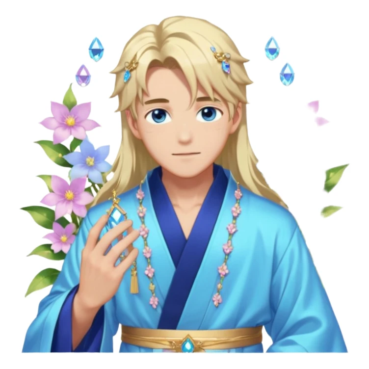 Beautiful gorgeous blushing blue-eyed youthful elegant handsome anime guy with beautiful iridescent-special-medium-long-hair, fashion aesthetic, ethereal, fairycore, pastelcore, flower petals, crystals, layered robes, accessories, jewelries, gold, colorful, shiny, trending style, outside sticker