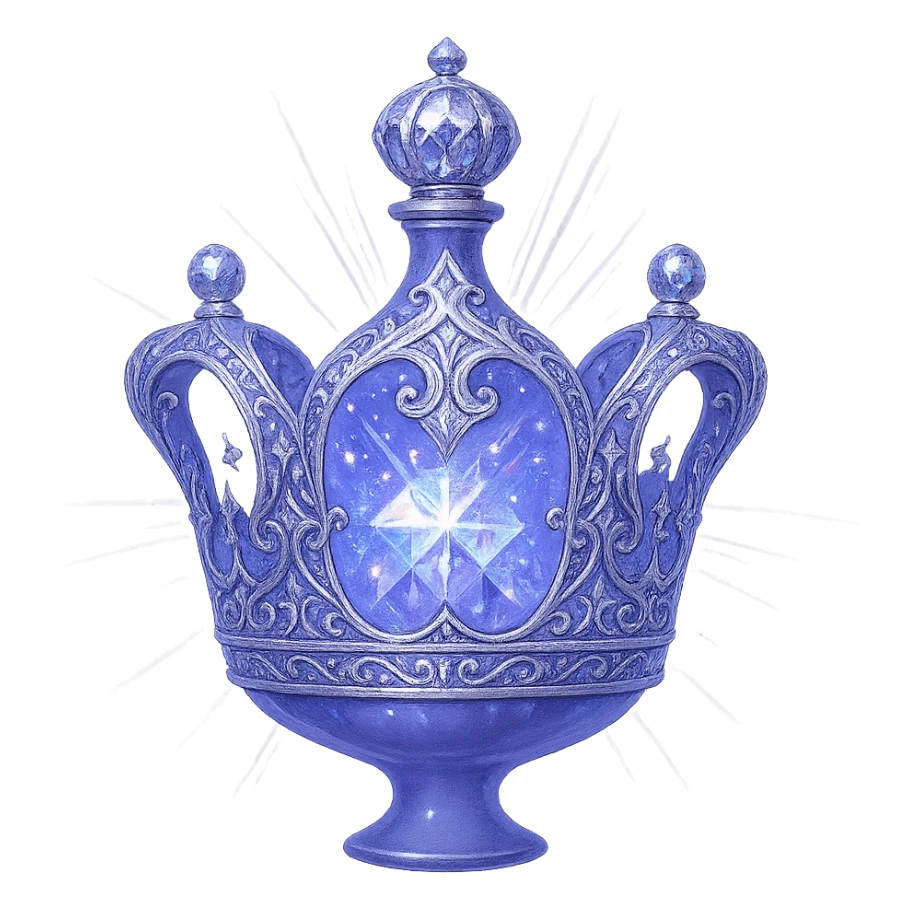 išskirtinai prabangus eliksyro buteliukas, karūnos forma, spalva #7986cb, daugiasluoksniai holografiniai ir sidabriniai ornamentai, kristalo tekstūra, daug magiškų švytėjimų ir žėrėjimo, šviesos spinduliai, labai mažas kaklelis, dailus vientisas dugnas, skaidrus fonas, buteliukas aiškiai plūduriuoja ore, be pagrindo ar šešėlio, nestovi, modernus, kolekcijai tinkamas, ypatingai gražus sticker