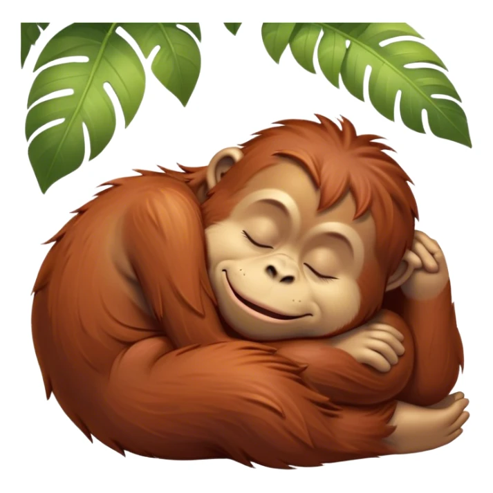 Meme-Worthy cute Sleeping Orangutan Portrait Emoji, Head resting peacefully with a contented smile, showcasing luxuriously soft fur and eyes gently closed in serene slumber, Simplified yet comically adorable features, highly detailed, glowing with a soft, drowsy jungle light, high shine, relaxed and utterly lovable, stylized with an air of playful laziness, bright and heartwarming, soft glowing outline, capturing the essence of a sleeping orangutan that feels destined to become the next viral icon of adorable rest! sticker