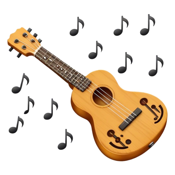 Create a cheerful and compact emoji representing a ukulele. The design should feature the small, wooden body of the ukulele with its smooth curves and visible strings. Highlight the sound hole and fretboard with subtle detailing to show the instrument’s craftsmanship. The wooden finish should be light, such as honey or natural wood tones, with dark accents for the fretboard and bridge. Add musical notes or soundwaves floating around the ukulele to evoke its bright, happy sound. The background should be transparent. sticker