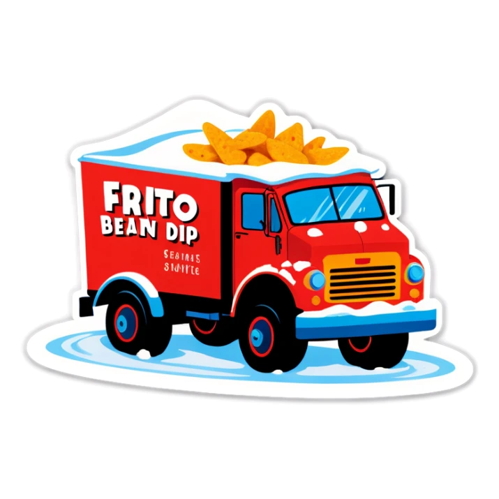 Frito bean dip truck driving on snowy roads sticker