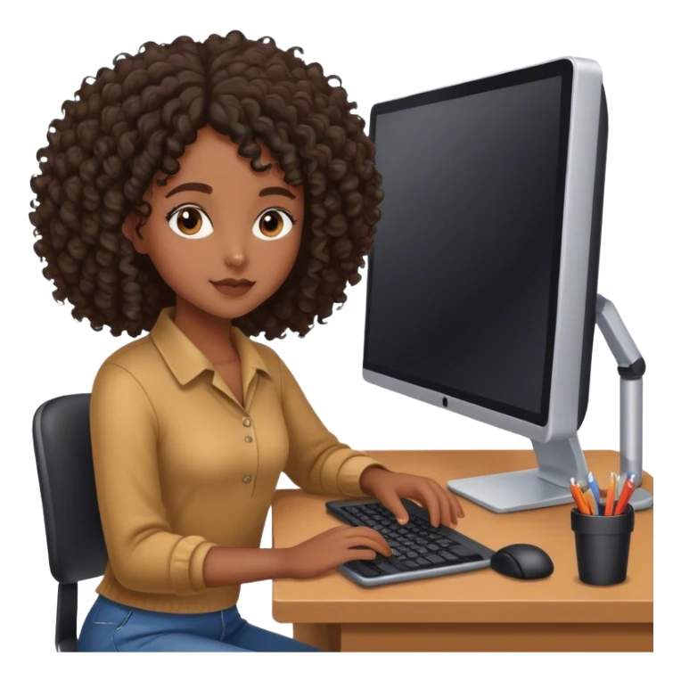 Black girl with curly hair at computer desk  sticker