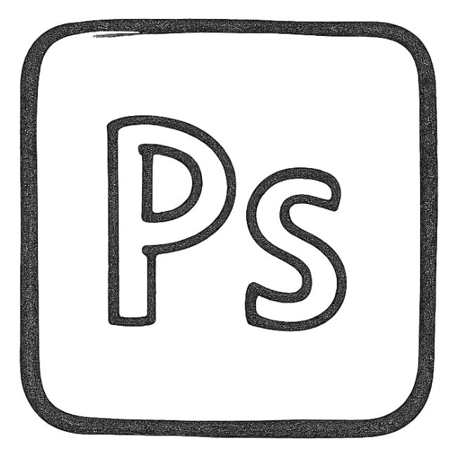 Photoshop logo as a hand-drawn outlined icon, minimal, black lines, no fill sticker