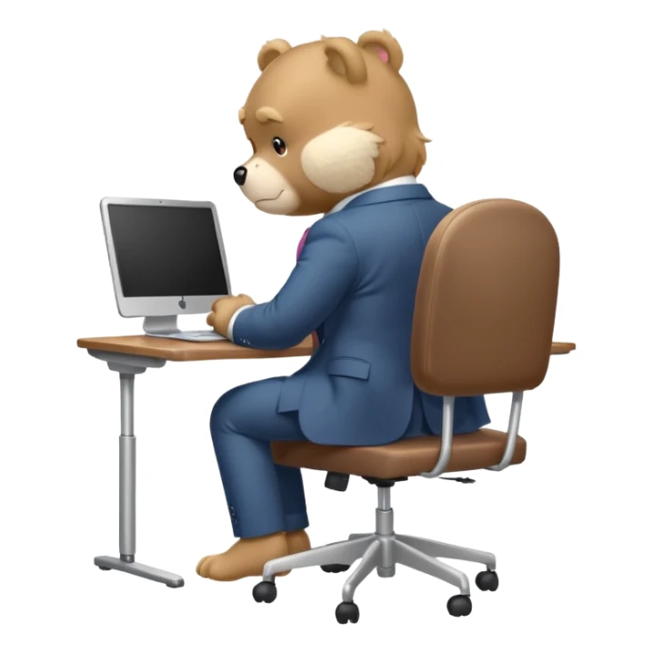 Care bear sad in suit back view, sit on a chair, working on a computer, with a big desk sticker