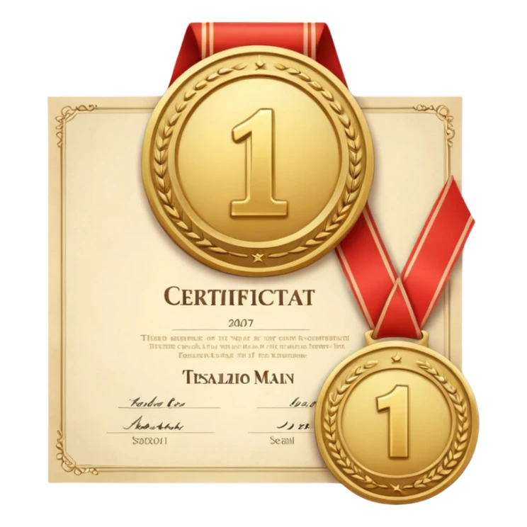 Medalla con número uno, y detrás un certificado sticker