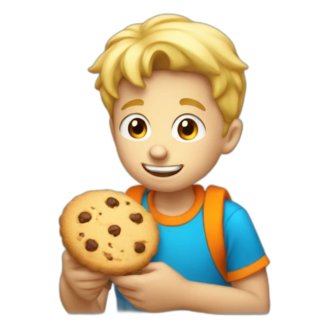 a 11 years blonde old boy with orange tshirt eating cookies sticker