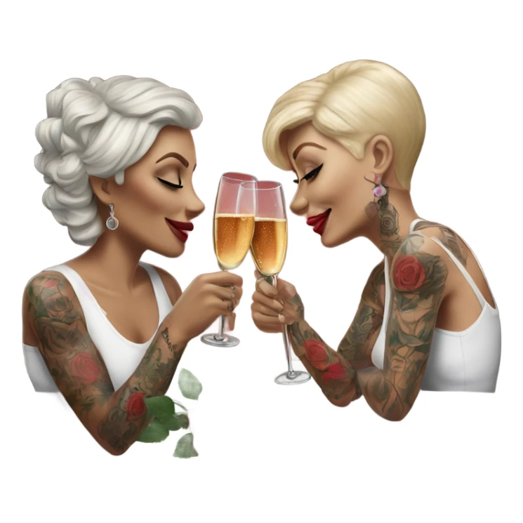 Hyper Realistic tattooed couple drinking champagne with red roses  sticker