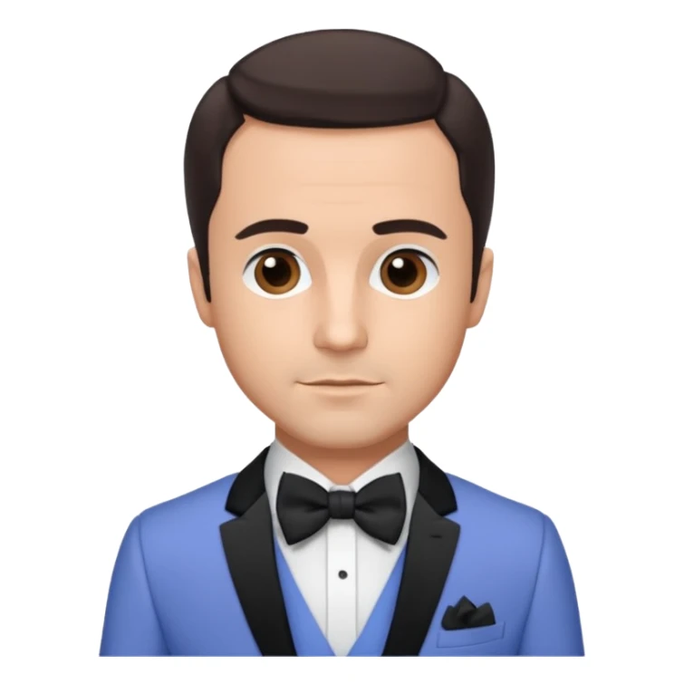 Freddie Prinze Jr with dark brown hair, periwinkle suit with bow tie sticker