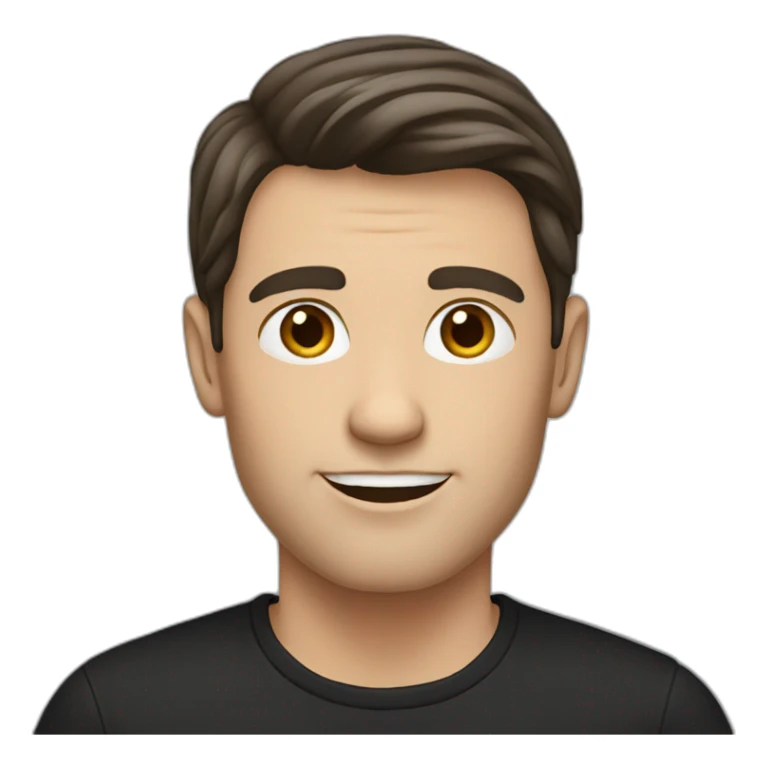 a shaved white man with long dark brown hair, with a black t-shirt sticker