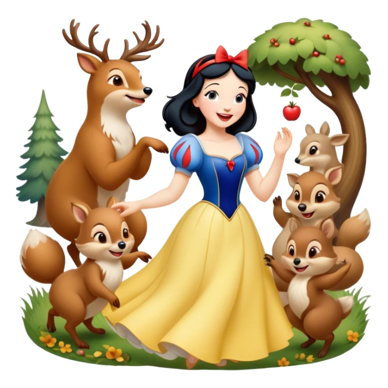 Cinematic Playful Snow White Portrait Emoji, Laughing while dancing with woodland animals, dress twirling gracefully, a whimsical sparkle in her eye, radiating charm and pure delight! sticker