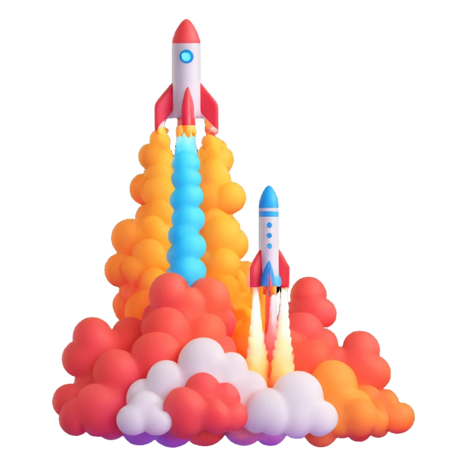 a rocket launching with colorful smoke, 3D emoji style sticker