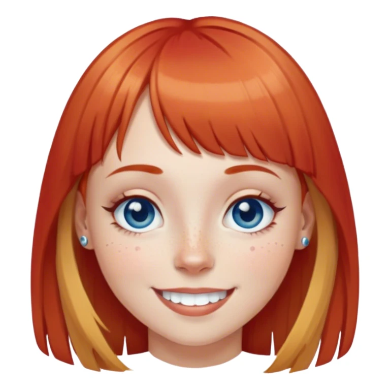 Girl with blonde bangs and red hair with very thin eyebrows with a septum piercing blue eyes, freckles, and a big smile sticker