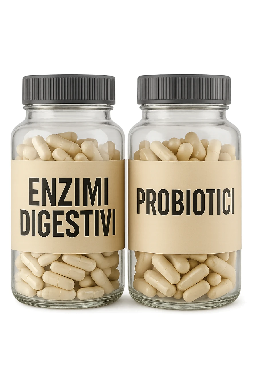 DUE BARATTOLI di integratore con la scritta "ENZIMI DIGESTIVI" E "PROBIOTICI", iperrealistico 4k sticker