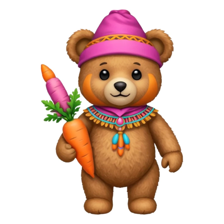teddy bear, wearing pink mayan ancient custome, with carrot sticker