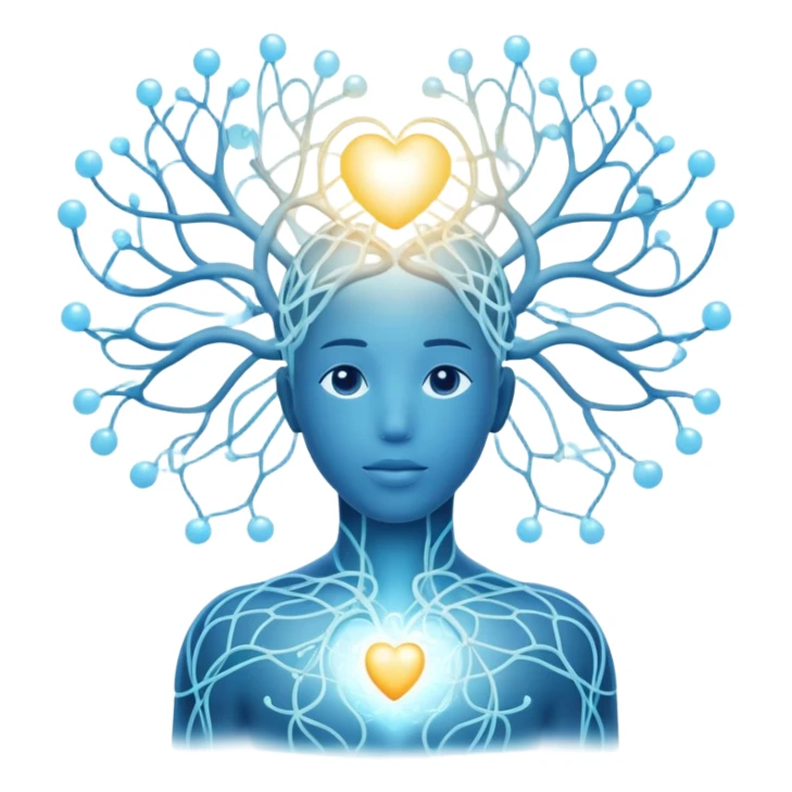human silhouette with glowing nodes at head and heart, interconnected by flowing lines and floating orbs, soft white-blue light sticker