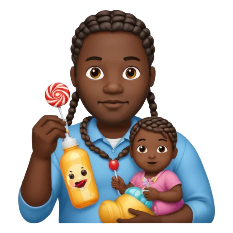 Big black man with braids hold a  baby bottle and a lollipop sticker