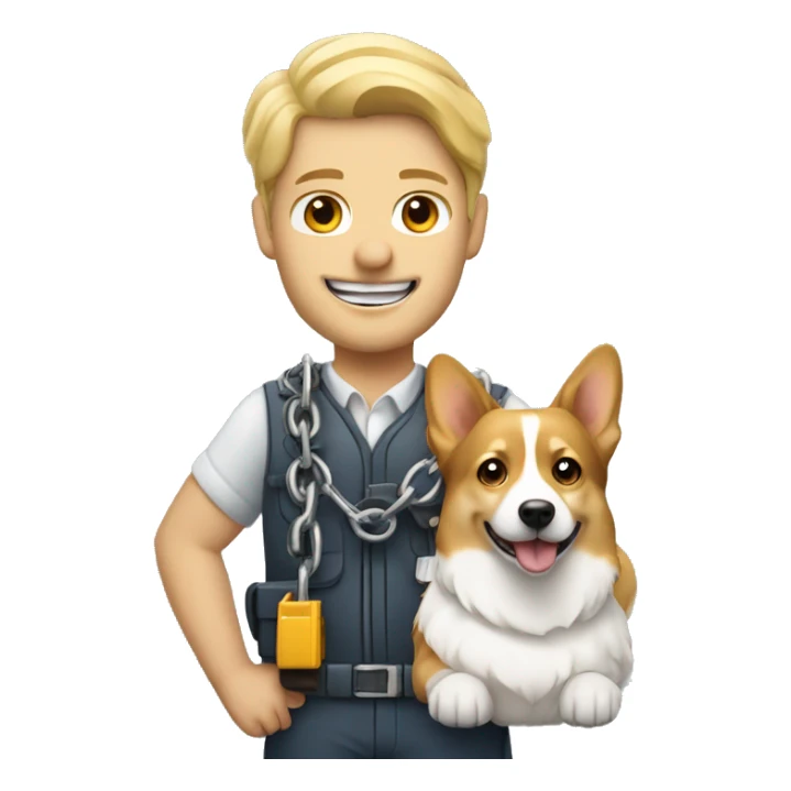 white hear blond engineer with a corgi dog which is holding chain sticker