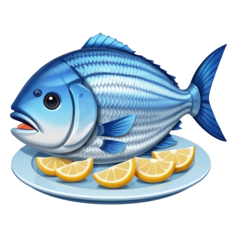 Fish dishes avatar in bright emoji-style illustration. Grilled fish, fillets, and seafood, blue and silver tones, simple shapes, flat design, fresh and flavorful. sticker